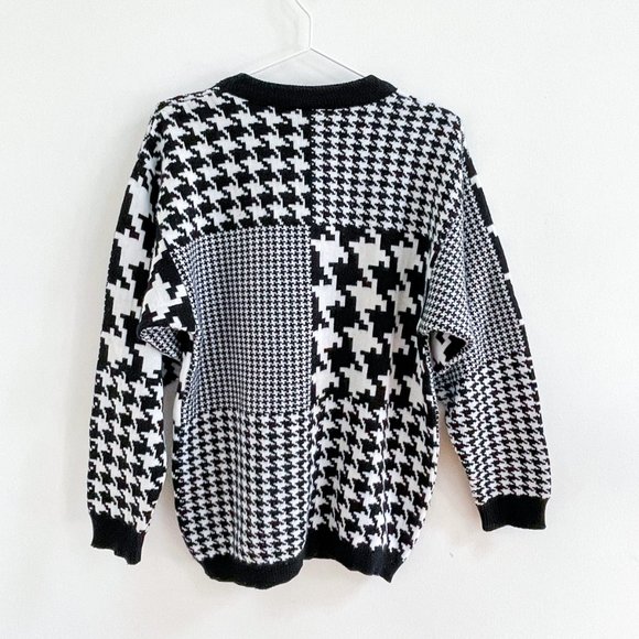 Unknown Houndstooth Pied-de-poule Black & White Long Fall Sweater Vintage Sz L - Picture 2 of 5